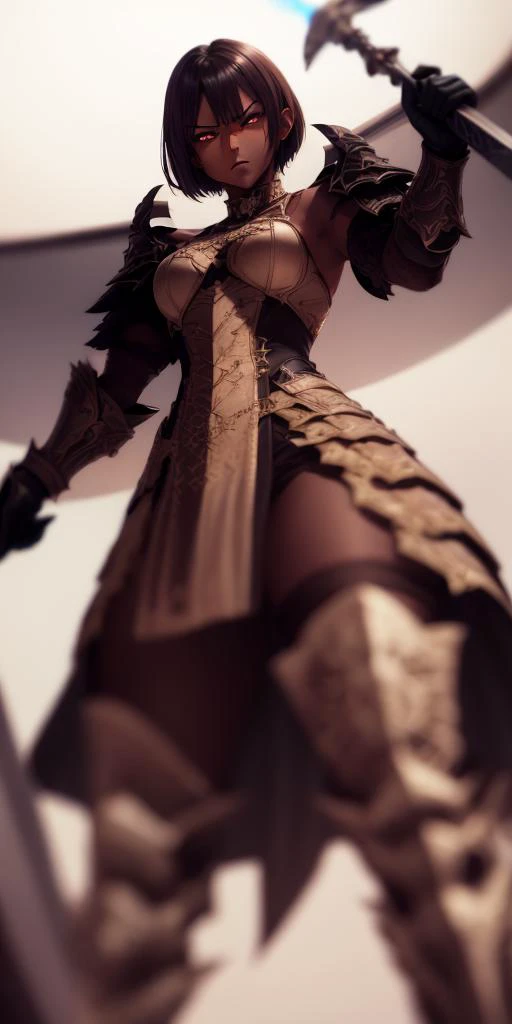 <lora:warriorPrincesses_v10:1>, war_glam, wearing war_glam, 1 woman, solo, (from below:1.5), standing, (dark-skinned female:1.4), dark-skin,standing, white eyes, really short hair, brown hair, angry, annoyed, wearing armor,holding sword, holding weapon