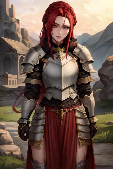 (masterpiece:1.2), (best quality:1.2), perfect eyes, perfect face, perfect lighting, 1girl, mature female on a battlefield, absurdly long red hair, crown braid, war_glam, armor, leather skirt, scars, fantasy, detailed background <lora:warriorPrincesses_v10:1>