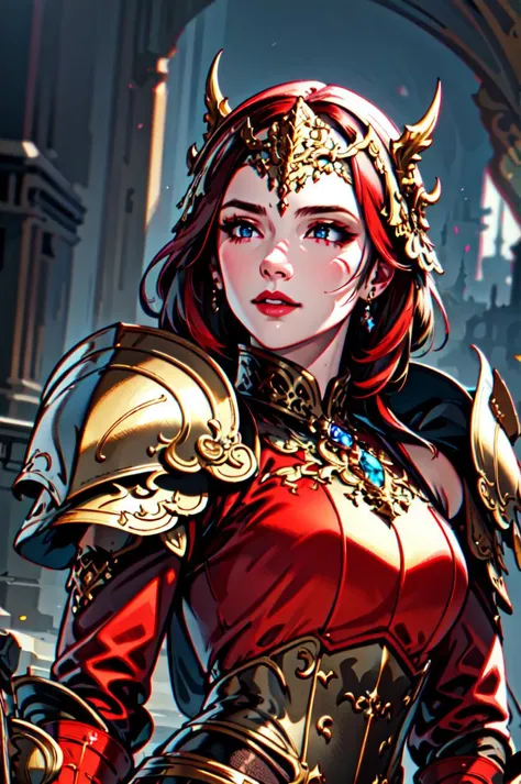 Masterpiece, absurdres, fine detail, HDR, highly detailed face and eyes, photorealistic, <lora:war_glamv1.1:0.6>, War_Glam, a woman in a red armor ,armored, wearing War_Glam