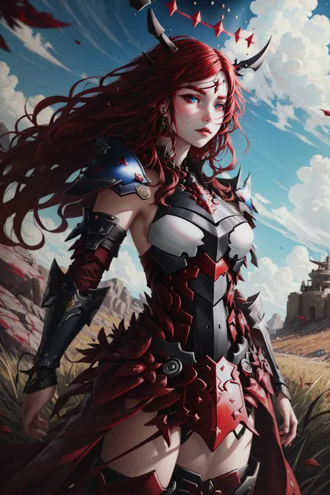 best quality, intricate details,
1girl, Irys \(hololive\), (dichromia red and blue eyes), (long red hair:1.2), heterochromia, multicolored eyes, horns, halo, <lora:Irys768-000012:1>
<lora:war_glamv1.1:0.8> War_Glam, wearing War_Glam, red armor, plate armor, boobplate, seraphim, battlefield, grassy meadow, blood, warriors,
