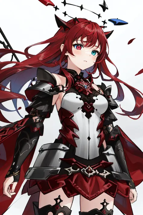 best quality, intricate details, 
1girl, Irys \(hololive\),   (dichromia red and blue eyes), (long red hair:1.2), heterochromia, multicolored eyes, horns, halo,  <lora:Irys768-000012:1>
 <lora:war_glamv1.1:0.8>  War_Glam, wearing  War_Glam, red armor, plate armor, boobplate, seraphim,
