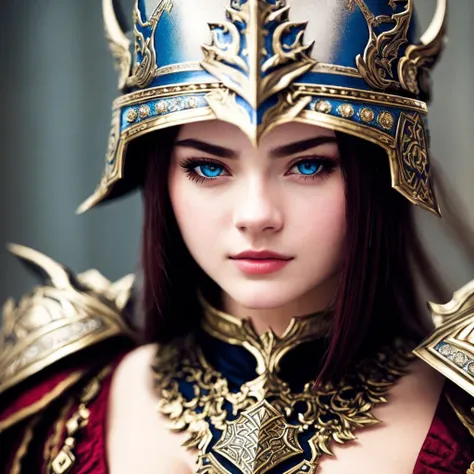 Masterpiece, high quality, 4K, beautiful design, shiny, from above, top angle, (redshift style:1.1), (analog style:1.1), sexy, realistic, photo shoot, professional, high contrast, European woman,[Elle Fanning|Lana Rhoades], 1girl, solo, expressive look, HDR, highest quality, sharp focus, looking at viewer, facing viewer, 8k, blue eyes, wearing WAR_glam armor, armor decorated with jewels, warrior armor, helmet, barbarian armor, final fantasy xiv setting, <lora:WAR_Glam:0.655>, (upper body closeup:1.2), (extreme closeup:1.2), face focus,