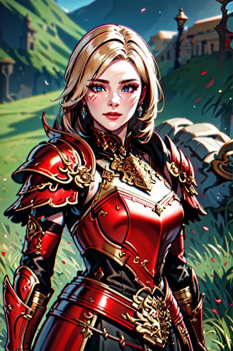 Masterpiece, absurdres, fine detail, HDR, highly detailed face and eyes, photorealistic, <lora:war_glamv1.1:0.6>, War_Glam, a woman in a red armor ,armored, wearing War_Glam