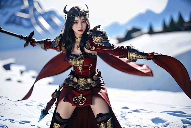 (goddess-like happiness,flirtatious ,seductive:1.4),(RAW photo:1.2),(photorealistic:1.6),(ultimate quality, masterpiece:1.3),(intricate details:1.2),(detailed face:1.2),dramatic,ray tracing,(lens 135mm,f1.8:1.2),(model style, photograph),fFaceDetail,fHandDetail,dutch angle,cowboy shot,
<lora:war_glamv1.1:0.8>,War_Glam,wearing War_Glam,<lora:3loraGuofeng3Lora_v32LoraBigLight:0.8>,hanfu,
(1girl, solo, runing towards viewer,holding weapon,fighting_stance:1.6),floating hair,hair ornament,floating red cape,hook,viel,golden armor,fur trim,red armored dress,long velvet dress,breasts,narrow waist,magnificent,gorgeous,stockings,lace-trimmed legwear,gorgeous armor,breastplate,gauntlets,guardebras,leg armor,spurs,arms behind back,dramatic,motion blur,