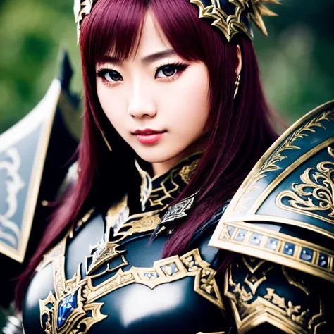 Masterpiece, high quality, 4K, beautiful design, shiny, from above, top angle, (redshift style:1.1), (analog style:1.1), sexy, realistic, photo shoot, professional, high contrast, Asian woman,[Marin Kitagawa|Jisoo Blackpink], 1girl, solo, expressive look, HDR, highest quality, sharp focus, looking at viewer, facing viewer, 8k, blue eyes, wearing WAR_glam armor, armor decorated with jewels, warrior armor, helmet, barbarian armor, final fantasy xiv setting, <lora:WAR_Glam:0.655>, (upper body closeup:1.2), (extreme closeup:1.2), face focus,