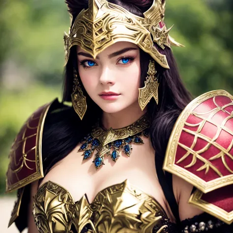 Masterpiece, high quality, 4K, beautiful design, shiny, from above, top angle, (redshift style:1.1), (analog style:1.1), sexy, realistic, photo shoot, professional, high contrast, European woman,[Elle Fanning|Lana Rhoades], 1girl, solo, expressive look, HDR, highest quality, sharp focus, looking at viewer, facing viewer, 8k, blue eyes, wearing WAR_glam armor, armor decorated with jewels, warrior armor, helmet, barbarian armor, final fantasy xiv setting, <lora:WAR_Glam:0.655>, (upper body closeup:1.2), (extreme closeup:1.2), face focus,