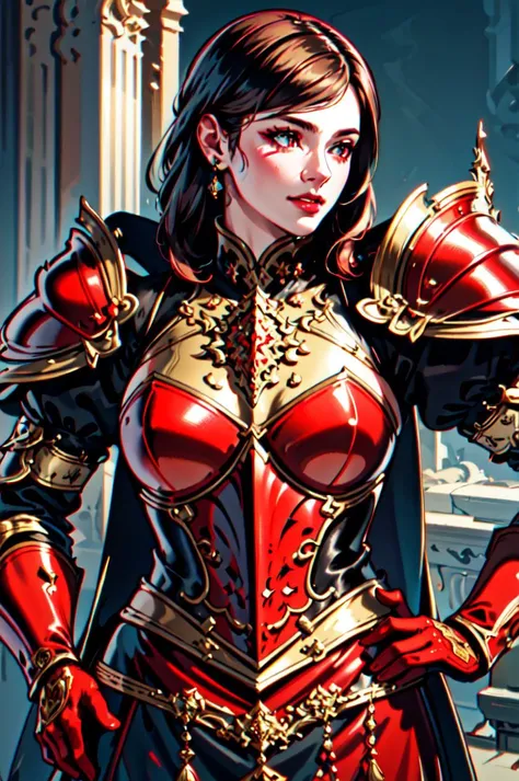 Masterpiece, absurdres, fine detail, HDR, highly detailed face and eyes, photorealistic, <lora:war_glamv1.1:0.6>, War_Glam, a woman in a red armor ,armored, wearing War_Glam