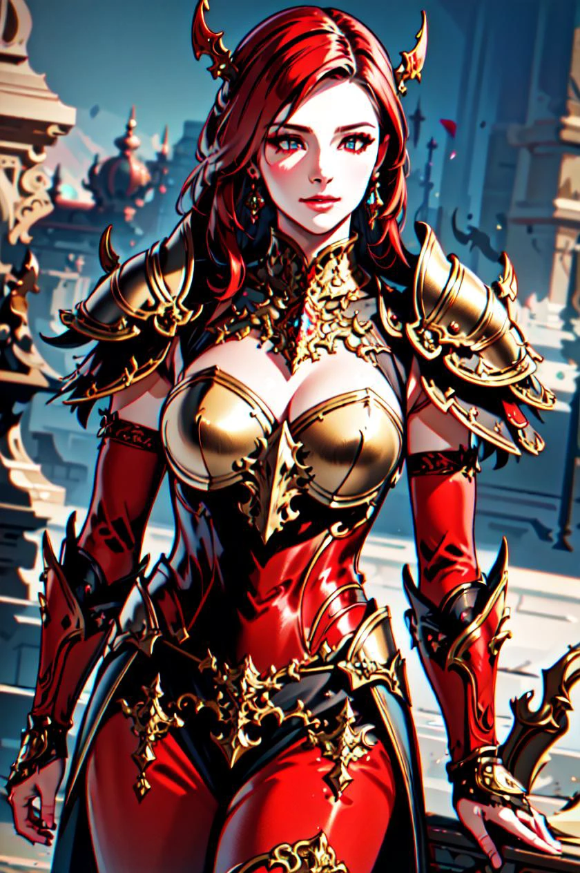 Masterpiece, absurdres, fine detail, HDR, highly detailed face and eyes, photorealistic, <lora:war_glamv1.1:0.6>, War_Glam, a woman in a red armor ,armored, wearing War_Glam