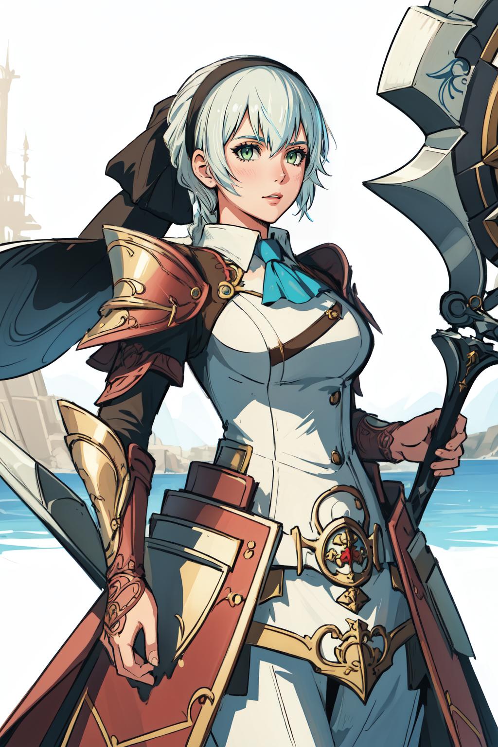 A woman in a white dress holding a large sword and shield - SeaArt AI