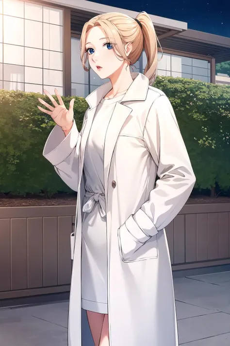 <lora:Yoo-Min:0.7>, yoo-min, standing, ponytail, cowboy shot, white coat, outdoors, night, looking at viewer, solo