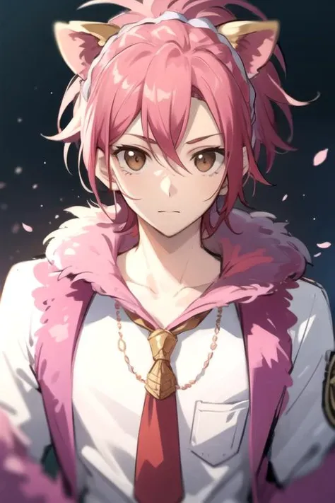 masterpiece, best quality, sketch, 1boy, solo, male focus, looking at viewer, , depth of field, <lora:ryuu_zaou:0.68>, ryuu_zaou, pink hair, brown eyes, lion costume, The Kingdom of the Unicorn,