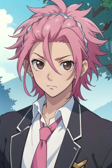 masterpiece, best quality, illustration, 1boy, solo, male focus, looking at viewer, upper body, , <lora:ryuu_zaou:0.70>, ryuu_zaou, pink hair, brown eyes, , , , Blu-ray