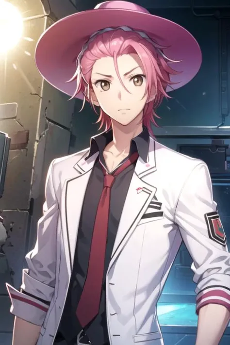 masterpiece, best quality, game cg, 1boy, solo, male focus, looking at viewer, upper body, , <lora:ryuu_zaou:0.72>, ryuu_zaou, pink hair, brown eyes, shirt, sun hat, science fiction cyberpunk, Blu-ray