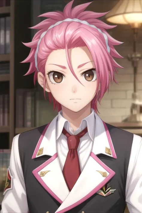 masterpiece, best quality, photorealistic, 1boy, solo, male focus, looking at viewer, upper body, depth of field, <lora:ryuu_zaou:0.70>, ryuu_zaou, pink hair, brown eyes, vampire costume, science fiction military science fiction, 4k resolution