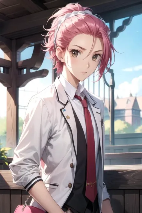masterpiece, best quality, illustration, 1boy, solo, male focus, looking at viewer, , depth of field, <lora:ryuu_zaou:0.70>, ryuu_zaou, pink hair, brown eyes, , ,