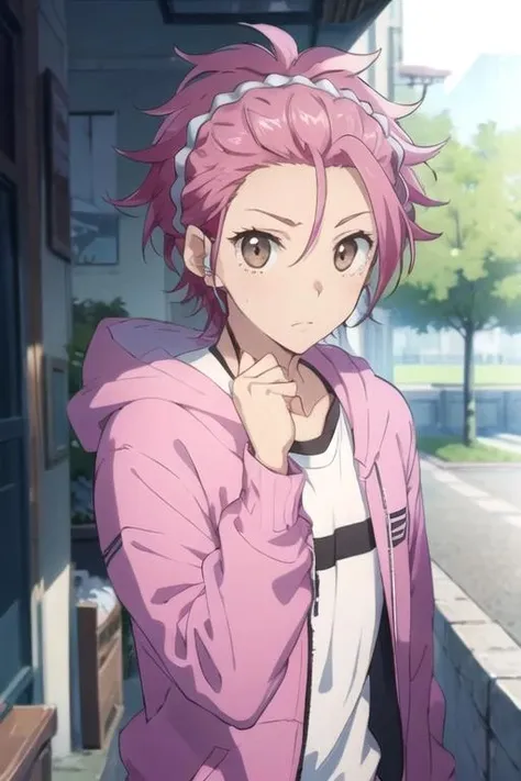 masterpiece, best quality, , 1boy, solo, male focus, looking at viewer, upper body, depth of field, <lora:ryuu_zaou:0.74>, ryuu_zaou, pink hair, brown eyes, hoodie, , ,