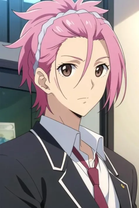 masterpiece, best quality, illustration, 1boy, solo, male focus, looking at viewer, , , <lora:ryuu_zaou:0.72>, ryuu_zaou, pink hair, brown eyes