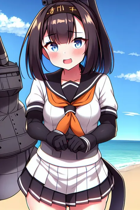1girl, zauber_akizuki_kancolle, black gloves, black headband, headband, highres, miniskirt, multicolored clothes, multicolored gloves, neckerchief, panties, pleated skirt, red panties, school uniform, sebunsu, white shirt, white skirt, beachside, sea