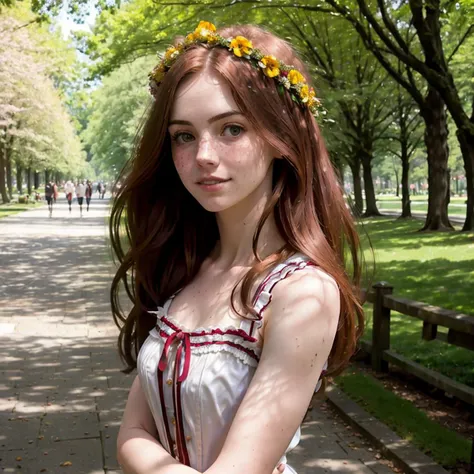 an 8k film still with a remarkably intricate vivid setting portraying an auburn-haired woman looking like Analuk11 having freckles, a subtle smile, and athletic arms wearing a yellow sundress and a flower wreath; captured by emily soto standing amidst a sunny park scene.