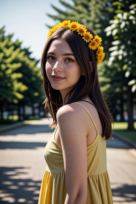 an 8k film still with a remarkably intricate vivid setting portraying an auburn-haired woman looking like Analuk11 having freckles, a subtle smile, and athletic arms wearing a yellow sundress and a flower wreath; captured by emily soto standing amidst a sunny park scene.