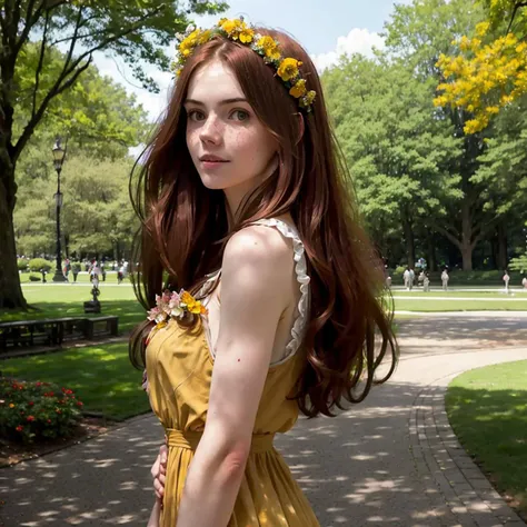 an 8k film still with a remarkably intricate vivid setting portraying an auburn-haired woman looking like Analuk11 having freckles, a subtle smile, and athletic arms wearing a yellow sundress and a flower wreath; captured by emily soto standing amidst a sunny park scene.