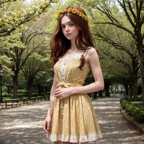 an 8k film still with a remarkably intricate vivid setting portraying an auburn-haired woman looking like Analuk11 having freckles, a subtle smile, and athletic arms wearing a yellow sundress and a flower wreath; captured by emily soto standing amidst a sunny park scene.