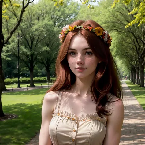 an 8k film still with a remarkably intricate vivid setting portraying an auburn-haired woman looking like Analuk11 having freckles, a subtle smile, and athletic arms wearing a yellow sundress and a flower wreath; captured by emily soto standing amidst a sunny park scene.