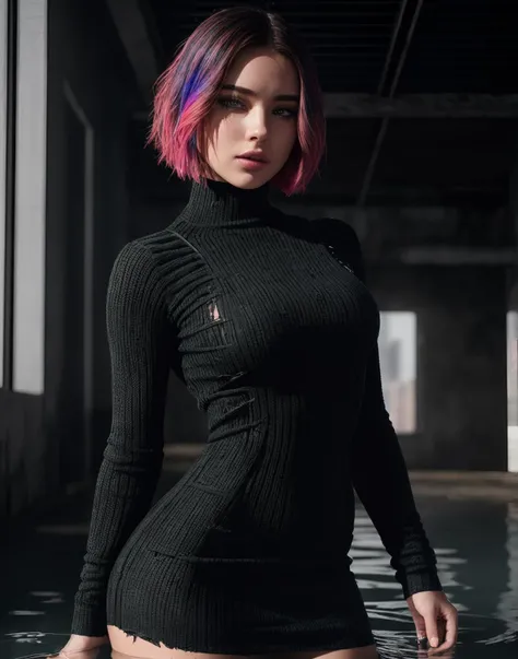tv_Spanish_Mix, Old abandoned futuristic city. Broken, flooded. 1Female. Scared. Front shot, (wearing a torn dirty knit Bodycon Dress:1.2). Detailed expressive sad eyes. Short bob cut hair covering one eye. Exquisite detail, Professional photo. 35mm photograph, film, bokeh, professional, dreary, photorealistic, 8k, raw, rich, intricate details, vivid dynamic colors