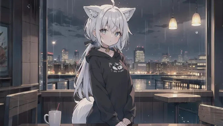 (masterpiece, top quality, best quality), 1girl, white hair,white skin, white pupils, ((grey eyes)), tareme, long hair,low ponytail, ahoge, wolf ears,fox tail, small breasts,black hoodie,[:3],<lora:gyokai:0>,<lora:oversized_shirt:0.4>,<lora:zoom_slider_v1:1>,cinematic lighting, <lora:epiNoiseoffset_v2:1>, <lora:dungeon_v2.0:0> ,landscape ,night,((cafe)),indoors,rain,light,chair,table,sitting,upper body,window,street,reflection ,<lora:aki:0.5>