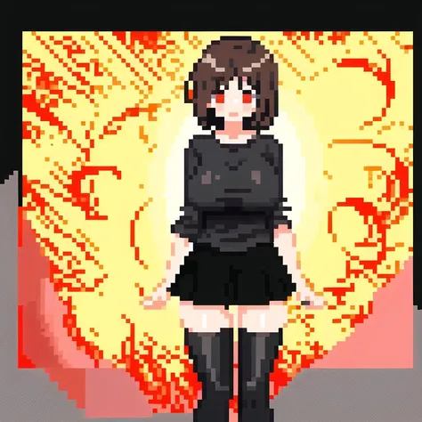 pixel art, 1girl, large breasts, brown hair, short hair, black t-shirt, black skirt, black thigh highs, transparent background, red eyes, breast supress