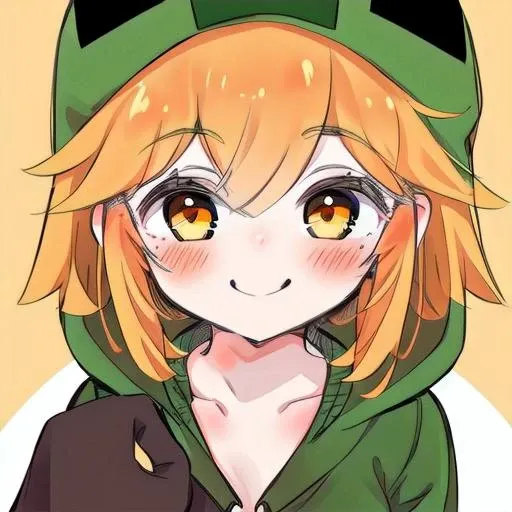 1girl, solo, orange hair, gold eyes, green hoodie, light smile, blush