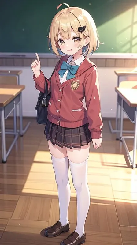 1girl,solo,school uniform,red jacket,brown skirt,plaid skirt,pleated skirt,school bag,bowtie,white thighhighs,hair ribbon,
blonde hair,brown hair,short hair,short hair with long locks,twin braids,sidelocks,ahoge,
brown eyes,smile,
looking at viewer,standing,
indoors,classroom,school desk,