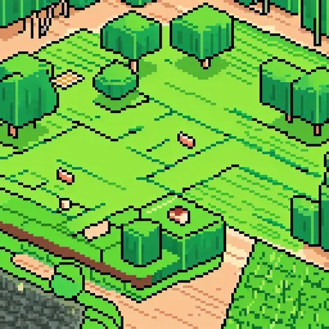 pixel art, isometric, background, meadow, hill, grass, sun, forest, mountains