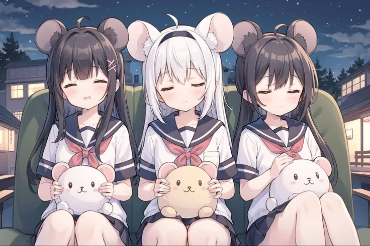 3girls, serafuku, pleated skirt, sitting, head tilt, snuggle up, sleeping, closed eyes, shopping bag, fake mouse ears head band, holding stuffed animal, train, night,