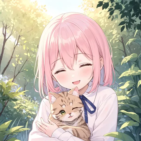 1 girl, solo, best quality, ultra detailed, minor, (happy:1.4), closed eyes,
pink hair, medium hair, looking away,
from front, from below, portrait, hugging the brown kitten, \(kitten has its mouth closed\),
white dress, blue ribbon, long sleeves, standing,
in the forest, flower garden, warm sunlight filtering through trees