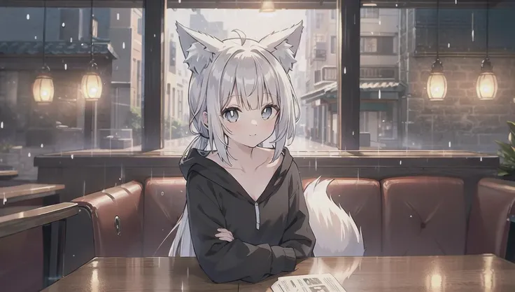 (masterpiece, top quality, best quality), 1girl, white hair,white skin, white pupils, ((grey eyes)), tareme, long hair,low ponytail, ahoge, wolf ears,fox tail, small breasts,black hoodie,[:3],<lora:gyokai:0>,<lora:oversized_shirt:0.4>,<lora:zoom_slider_v1:1>,cinematic lighting, <lora:epiNoiseoffset_v2:1>, <lora:dungeon_v2.0:0> ,landscape ,night,((cafe)),indoors,rain,light,chair,table,sitting,upper body,window,street,reflection ,<lora:aki:0.5>