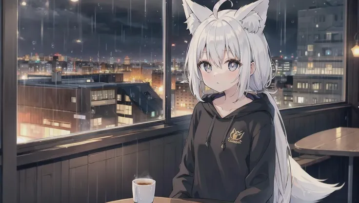 (masterpiece, top quality, best quality), 1girl, white hair,white skin, white pupils, ((grey eyes)), tareme, long hair,low ponytail, ahoge, wolf ears,fox tail, small breasts,black hoodie,[:3],<lora:gyokai:0>,<lora:oversized_shirt:0.4>,<lora:zoom_slider_v1:1>,cinematic lighting, <lora:epiNoiseoffset_v2:1>, <lora:dungeon_v2.0:0> ,landscape ,night,((cafe)),indoors,rain,light,chair,table,sitting,upper body,window,street,reflection