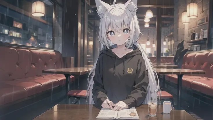 (masterpiece, top quality, best quality), 1girl, white hair,white skin, white pupils, ((grey eyes)), tareme, long hair,low ponytail, ahoge, wolf ears,fox tail, small breasts,black hoodie,[:3],<lora:gyokai:0>,<lora:oversized_shirt:0.4>,<lora:zoom_slider_v1:1>,cinematic lighting, <lora:epiNoiseoffset_v2:1>, <lora:dungeon_v2.0:0> ,landscape ,night,((cafe)),indoors,rain,light,chair,table,sitting,upper body,window,street,reflection ,<lora:aki:0.5>