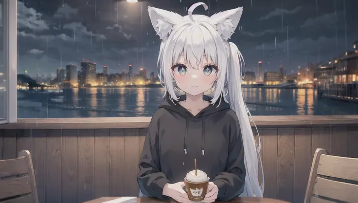 (masterpiece, top quality, best quality), 1girl, white hair,white skin, white pupils, ((grey eyes)), tareme, long hair,low ponytail, ahoge, wolf ears,fox tail, small breasts,black hoodie,[:3],<lora:gyokai:0>,<lora:oversized_shirt:0.4>,<lora:zoom_slider_v1:1>,cinematic lighting, <lora:epiNoiseoffset_v2:1>, <lora:dungeon_v2.0:0> ,landscape ,night,((cafe)),rain,light,chair,table,sitting,upper body,window,street