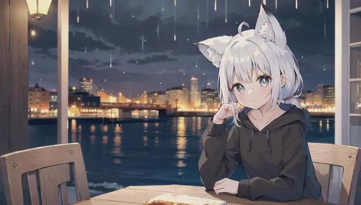 (masterpiece, top quality, best quality), 1girl, white hair,white skin, white pupils, ((grey eyes)), tareme, long hair,low ponytail, ahoge, wolf ears,fox tail, small breasts,black hoodie,[:3],<lora:gyokai:0>,<lora:oversized_shirt:0.4>,<lora:zoom_slider_v1:1>,cinematic lighting, <lora:epiNoiseoffset_v2:1>, <lora:dungeon_v2.0:0> ,landscape ,night,((cafe)),rain,light,chair,table,sitting,upper body,window,street