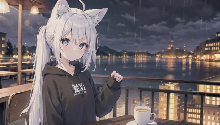 (masterpiece, top quality, best quality), 1girl, white hair,white skin, white pupils, ((grey eyes)), tareme, long hair,low ponytail, ahoge, wolf ears,fox tail, small breasts,black hoodie,[:3],<lora:gyokai:0>,<lora:oversized_shirt:0.4>,<lora:zoom_slider_v1:1>,cinematic lighting, <lora:epiNoiseoffset_v2:1>, <lora:dungeon_v2.0:0> ,landscape ,night,((cafe)),rain,light,chair,table,sitting,upper body,window,street