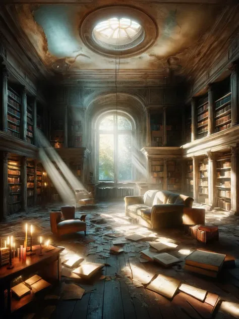 An ais-abandz library with shelves of forgotten stories, lit by a ray of light through the ceiling <lora:Abandoned_SDXL:1>, 4k, uhd,masterpiece <lora:Sinister_Style_SDXL:0.7>, ais-sinisterz