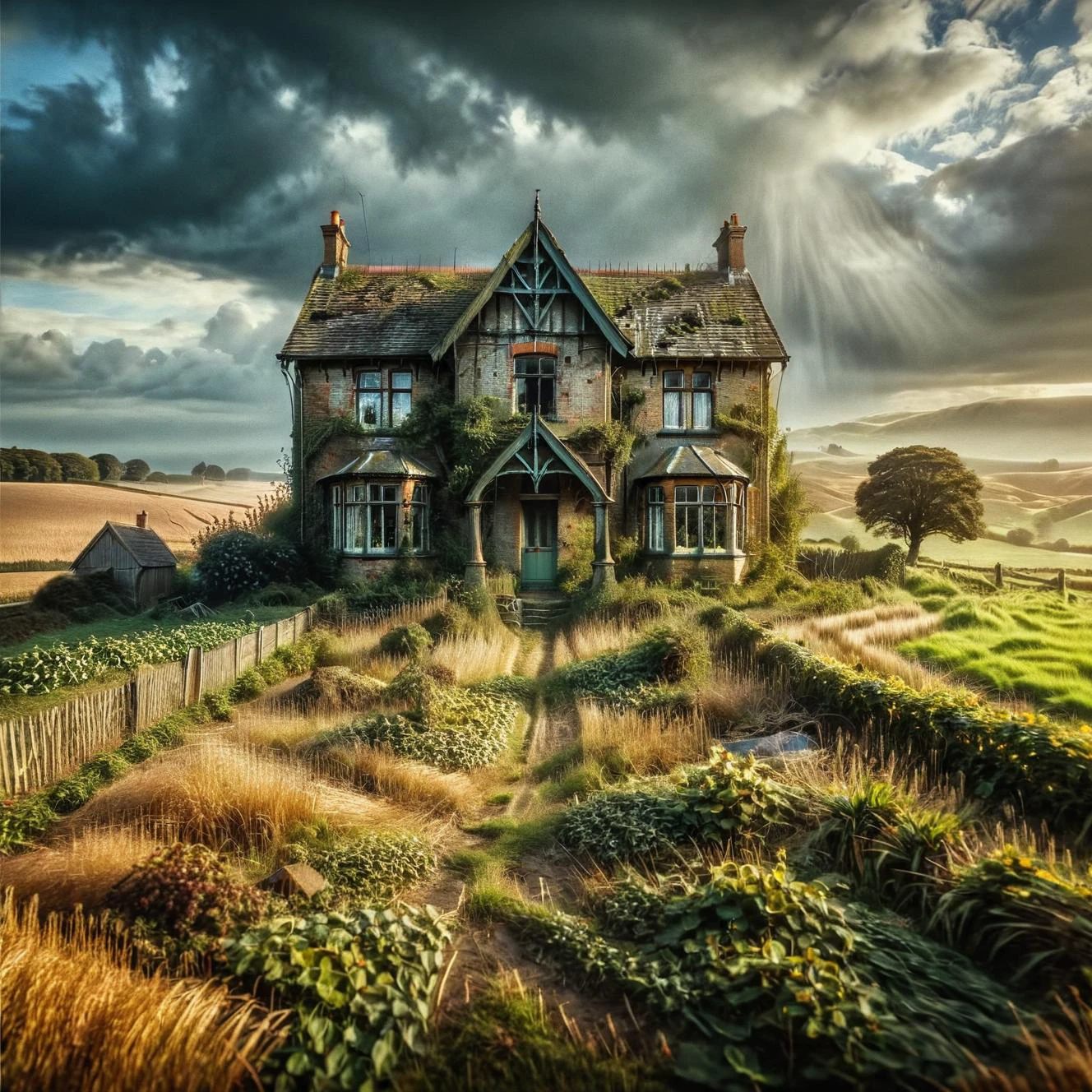 ais-abandz house in northern england surrounded by fields <lora:Abandoned_SDXL:1>, 4k, uhd,masterpiece <lora:Sinister_Style_SDXL:0.8>, sinisterz