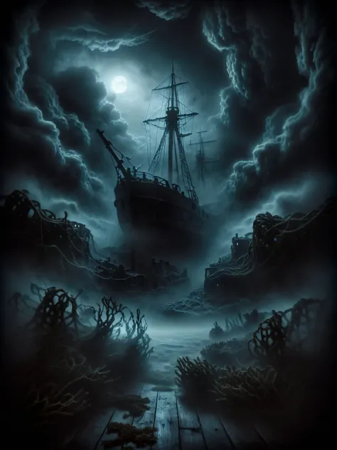ais-sinisterz a spectral shipwreck on a dark, stormy sea, ghostly figures visible on deck, entangled in seaweed, under a crescent moon <lora:Sinister_Style_SDXL:1>