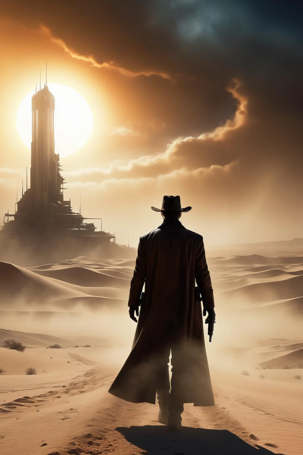Roland of Stephen Kingâs The Gunslinger, back view, a sci-fi gunslinger amidst a deserted world with a distant glass tower, wearing long dirty coat, sandstorm, dust-covered sun, futuristic western, extremely detailed, cinematic light, masterpiece, <lora:add-detail-xl:1> <lora:Sinister_Style_SDXL:0.5> ais-sinisterz