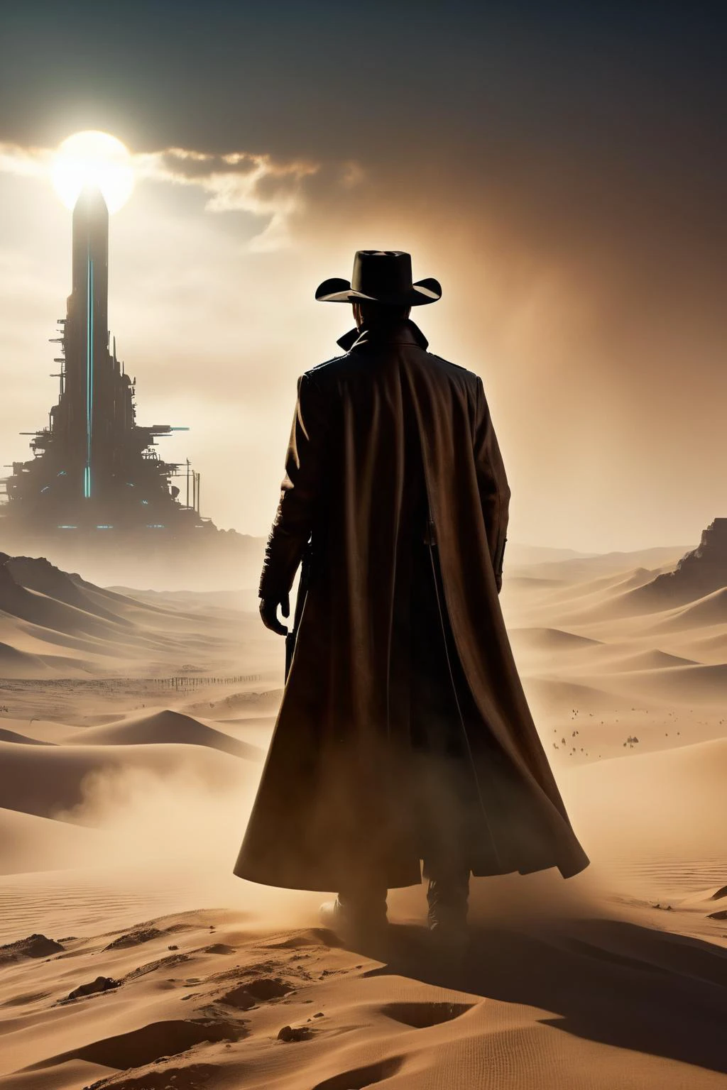 Roland of Stephen Kingâs The Gunslinger, back view, a sci-fi gunslinger amidst a deserted world with a distant glass tower, wearing long dirty coat, sandstorm, dust-covered sun, futuristic western, extremely detailed, cinematic light, masterpiece, <lora:add-detail-xl:1> <lora:Sinister_Style_SDXL:0.5> ais-sinisterz
