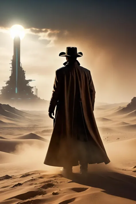 Roland of Stephen Kingâs The Gunslinger, back view, a sci-fi gunslinger amidst a deserted world with a distant glass tower, wearing long dirty coat, sandstorm, dust-covered sun, futuristic western, extremely detailed, cinematic light, masterpiece, <lora:add-detail-xl:1> <lora:Sinister_Style_SDXL:0.5> ais-sinisterz