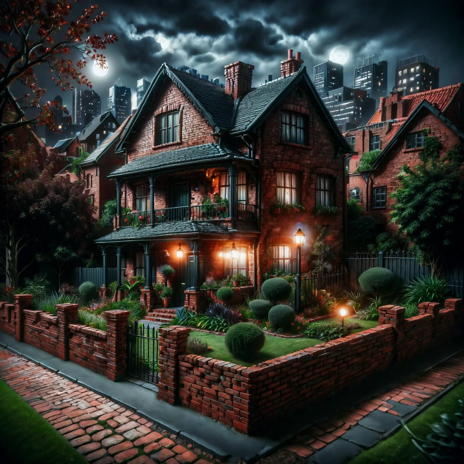 ais-sinisterz, a ais-brickz house, surrounded by small gardens and then a cast iron fence and ais-brickz wall, city in the background, nighttime <lora:Bricks_Style_SDXL:0.8> <lora:Sinister_Style_SDXL:1>