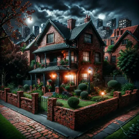 ais-sinisterz, a ais-brickz  house, surrounded by small gardens and then a cast iron fence and ais-brickz wall, city in the background, nighttime <lora:Bricks_Style_SDXL:0.8> <lora:Sinister_Style_SDXL:1>