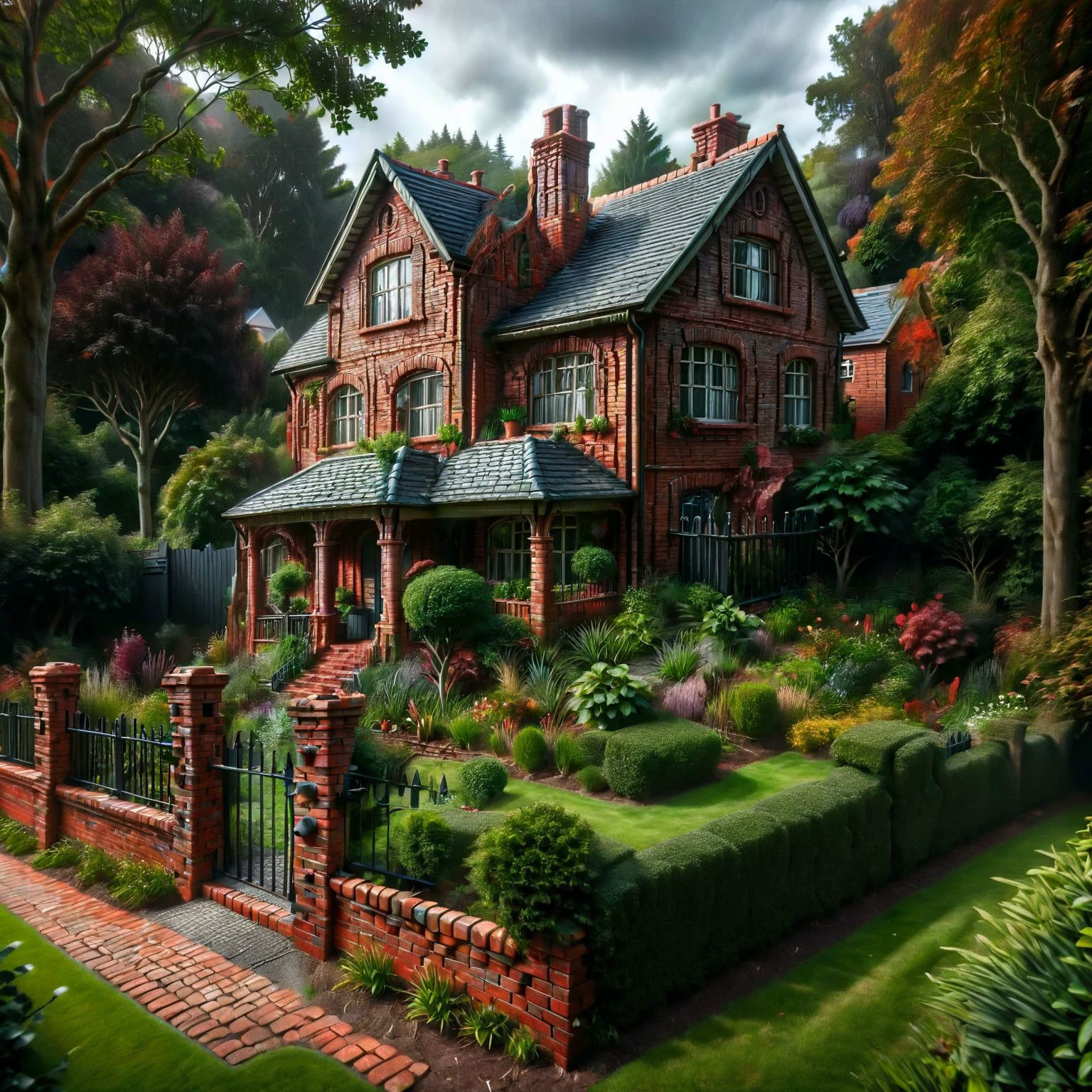 ais-sinisterz, an ais-brickz house, surrounded by gardens and then a cast iron fence and ais-brickz wall, forest in the background <lora:Bricks_Style_SDXL:0.9> <lora:Sinister_Style_SDXL:1>